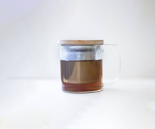 Glass mug with filter and lid for infusions and teas